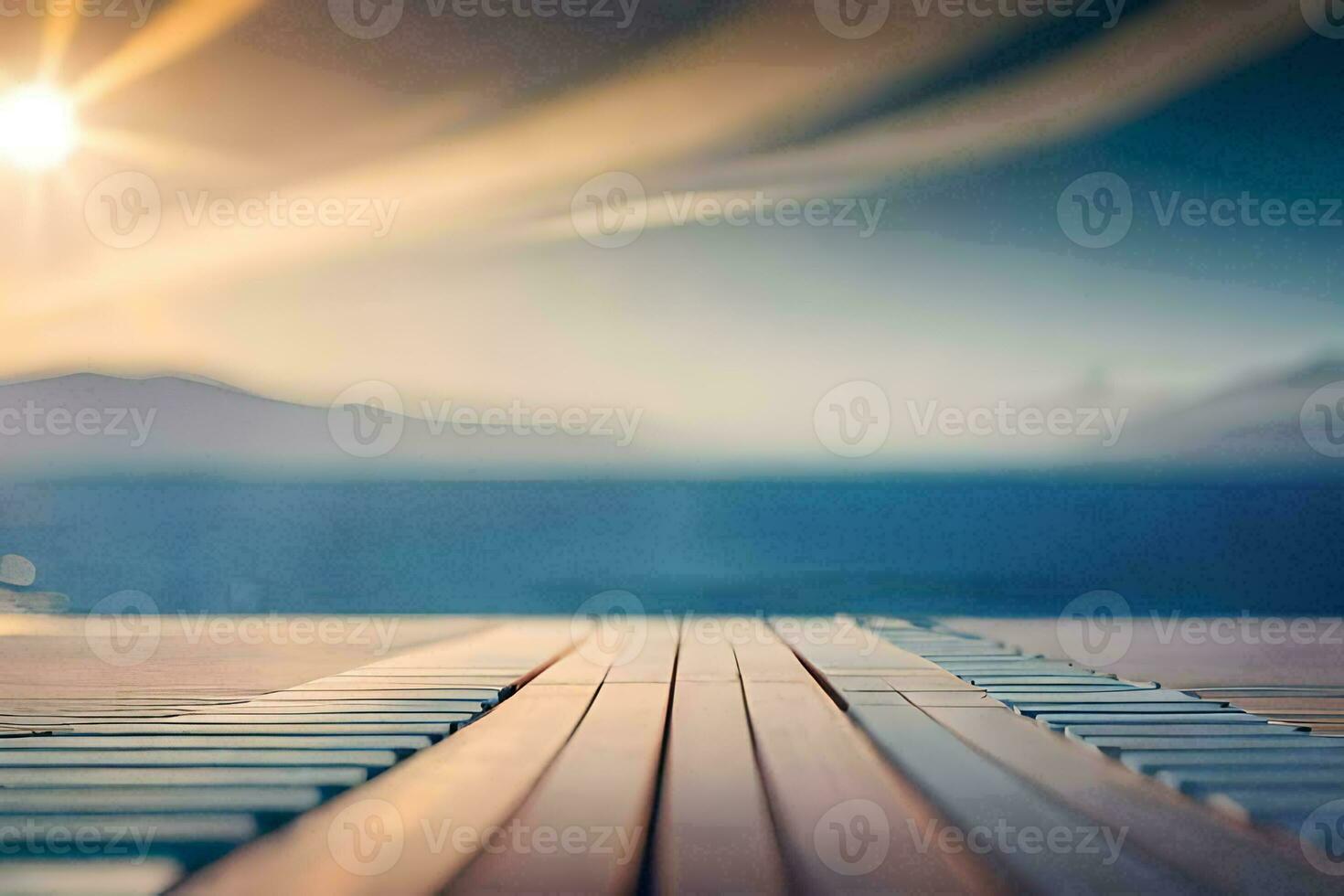 a wooden dock with the sun shining over it. AI-Generated photo