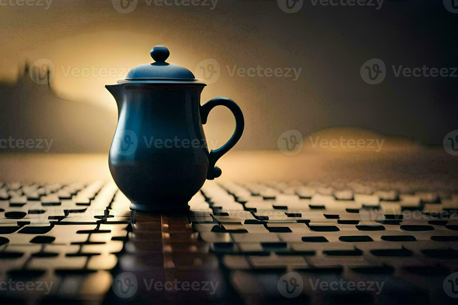 a black coffee pot sitting on a table in front of a city. AI-Generated photo