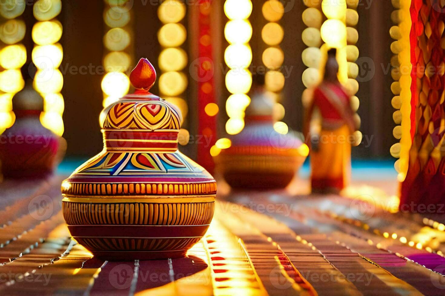 colorful vases sit on a table with lights. AI-Generated photo