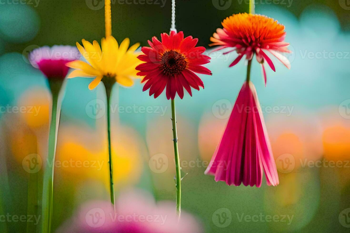 colorful flowers hanging from strings in a field. AI-Generated photo