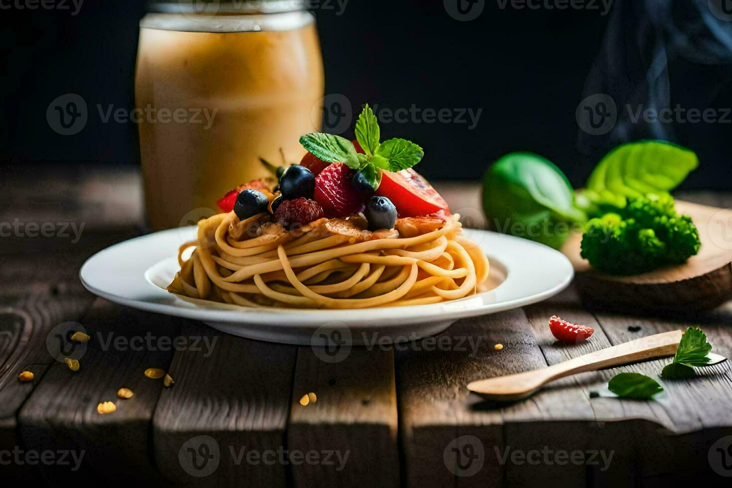 spaghetti with berries and mint leaves on a plate. AI-Generated photo