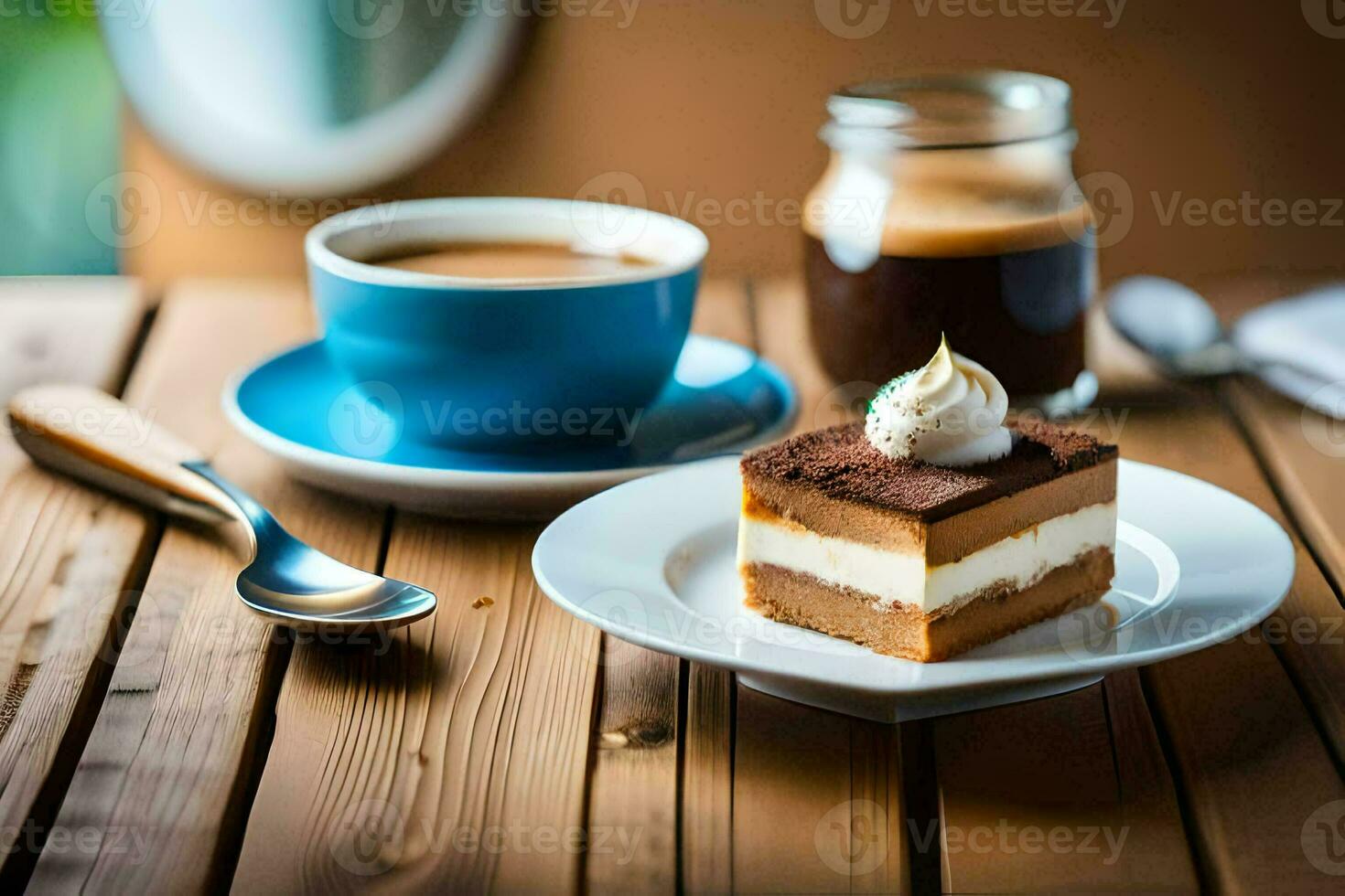 coffee and dessert on a wooden table. AI-Generated photo
