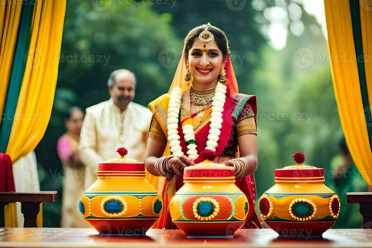 un novia en tradicional indio atuendo es participación ollas. generado por ai foto