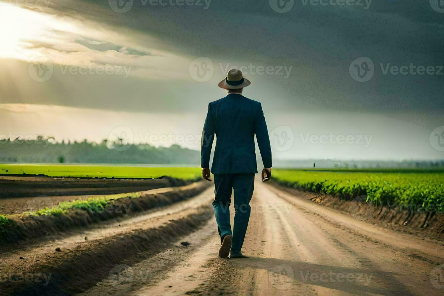 un hombre en un traje y sombrero camina abajo un suciedad la carretera. generado por ai foto