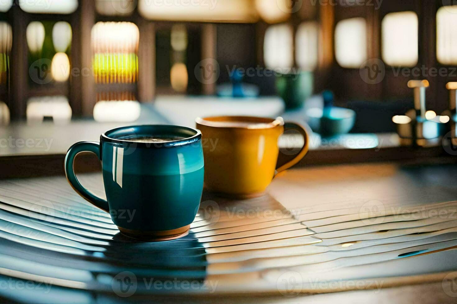 two coffee cups sit on a table in a restaurant. AI-Generated photo