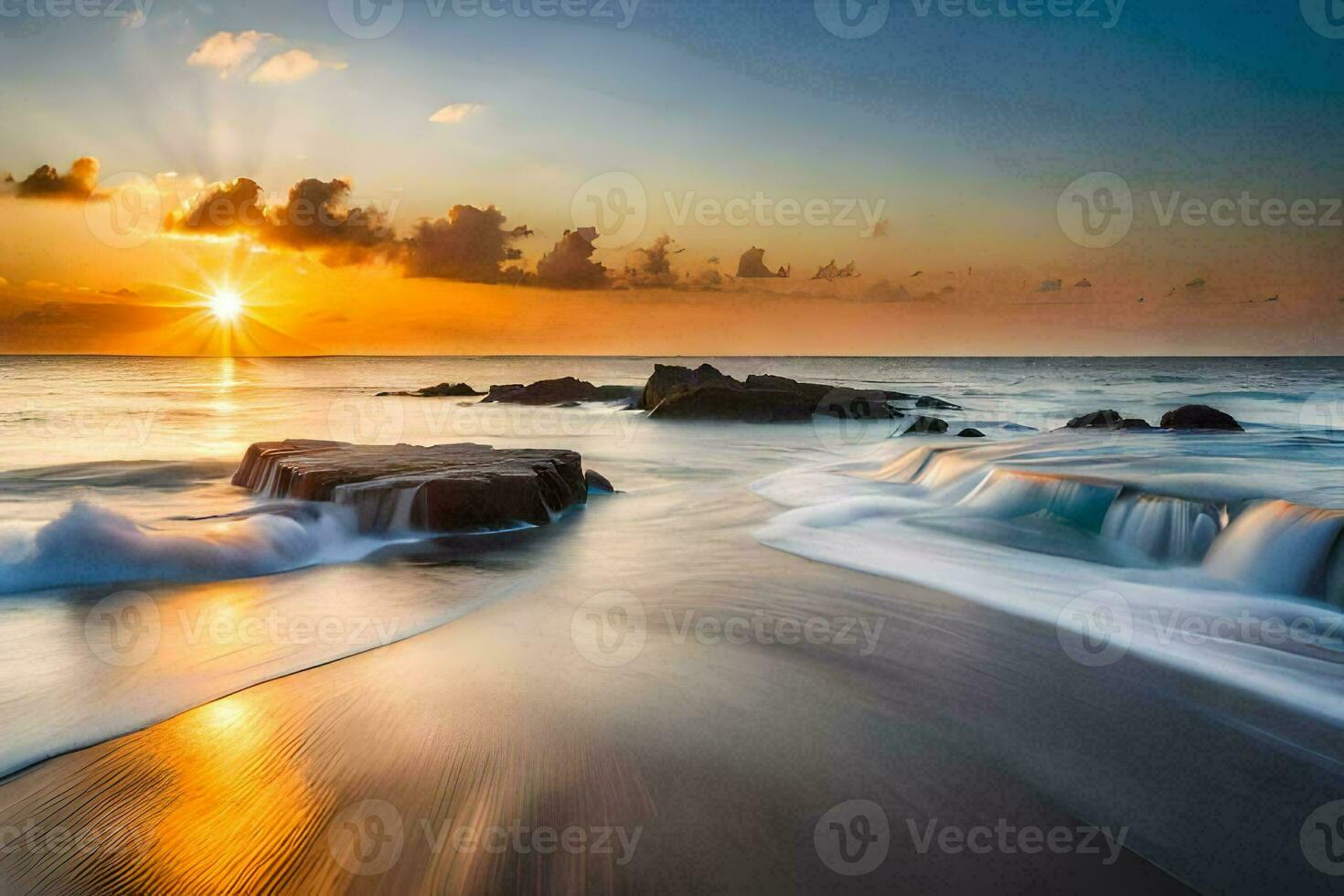 a beautiful sunset over the ocean with waves crashing into the shore. AI-Generated photo