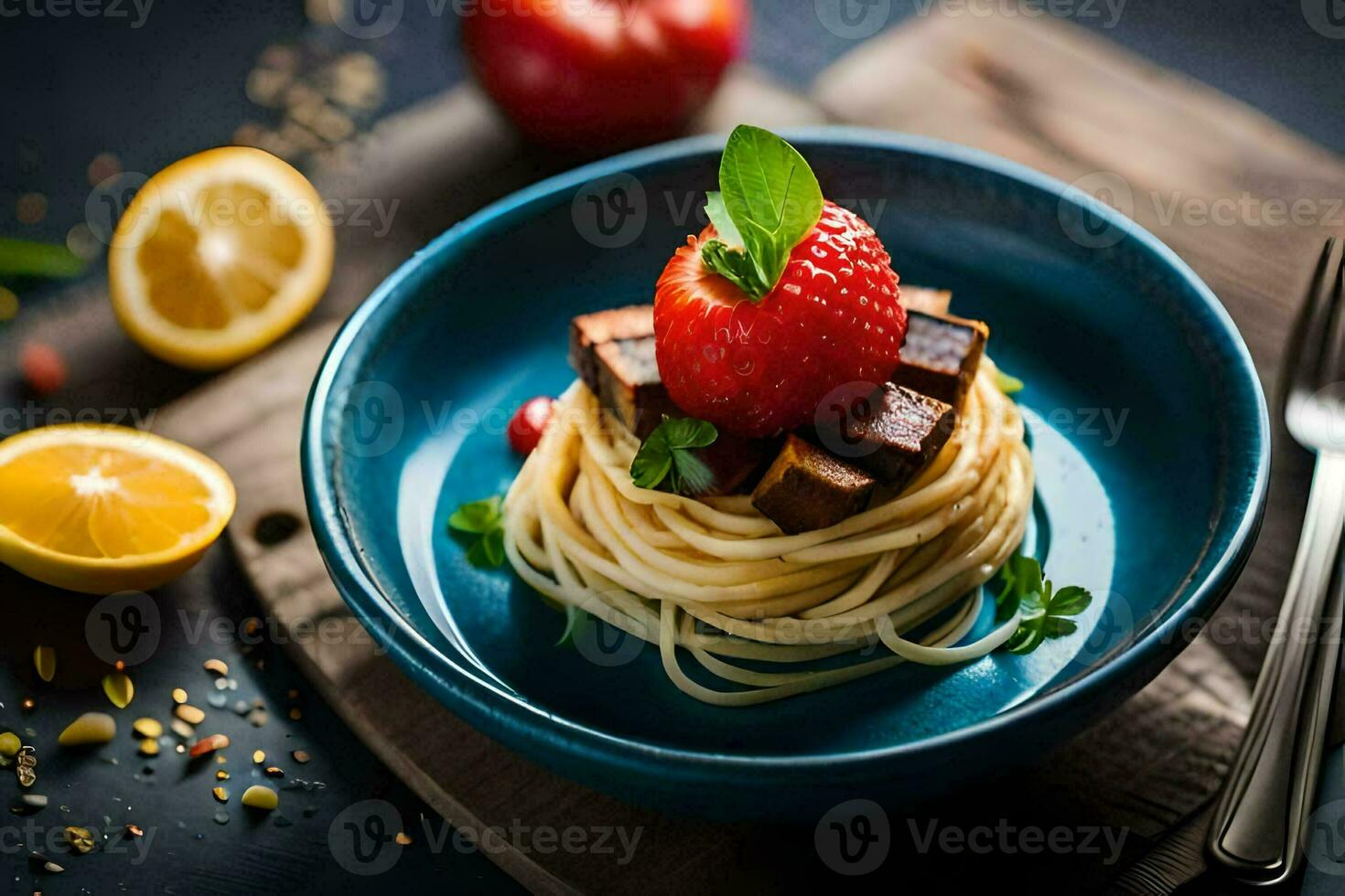 spaghetti with meat and strawberries on a wooden table. AI-Generated photo
