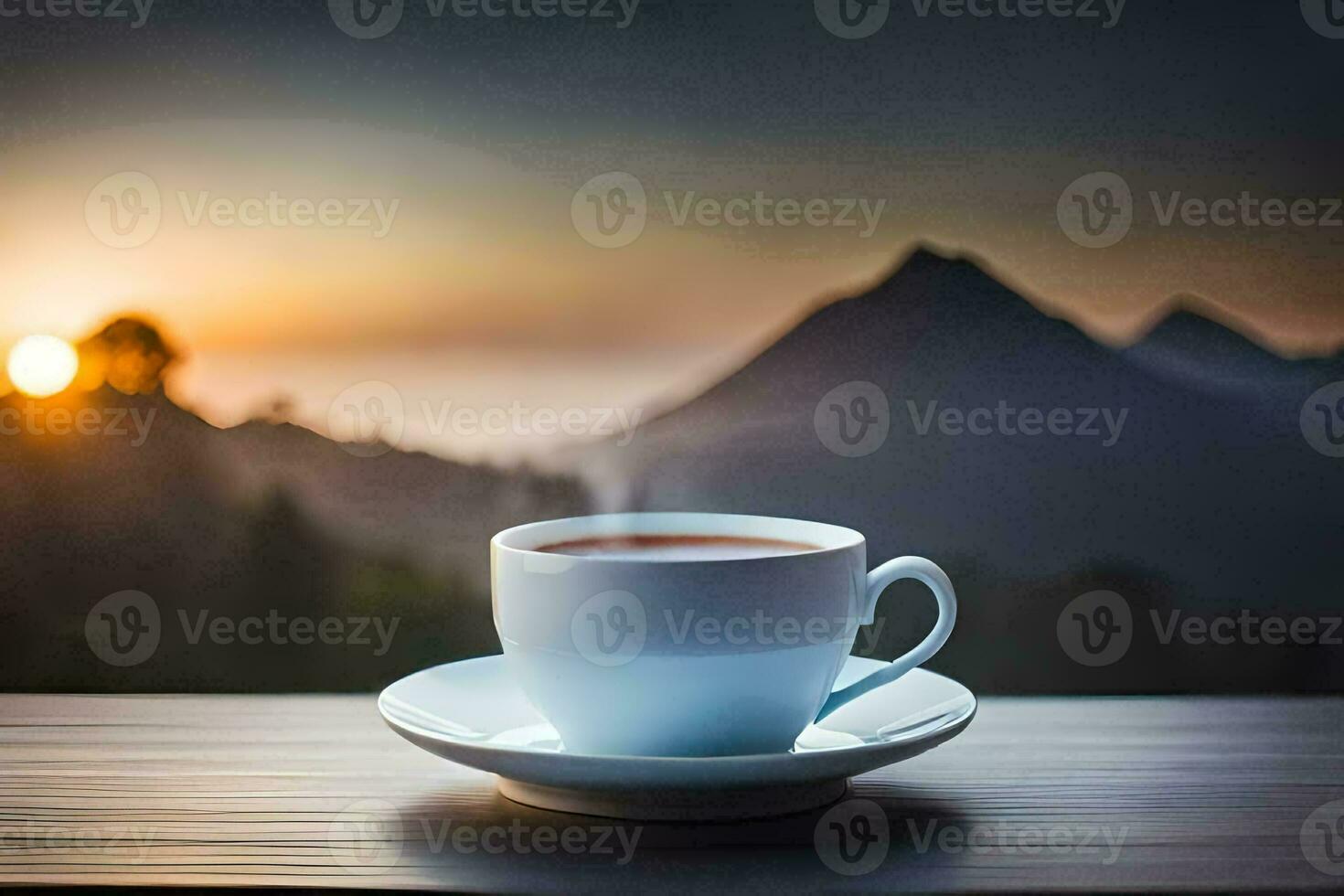 a cup of coffee on a wooden table in front of a mountain view. AI-Generated photo