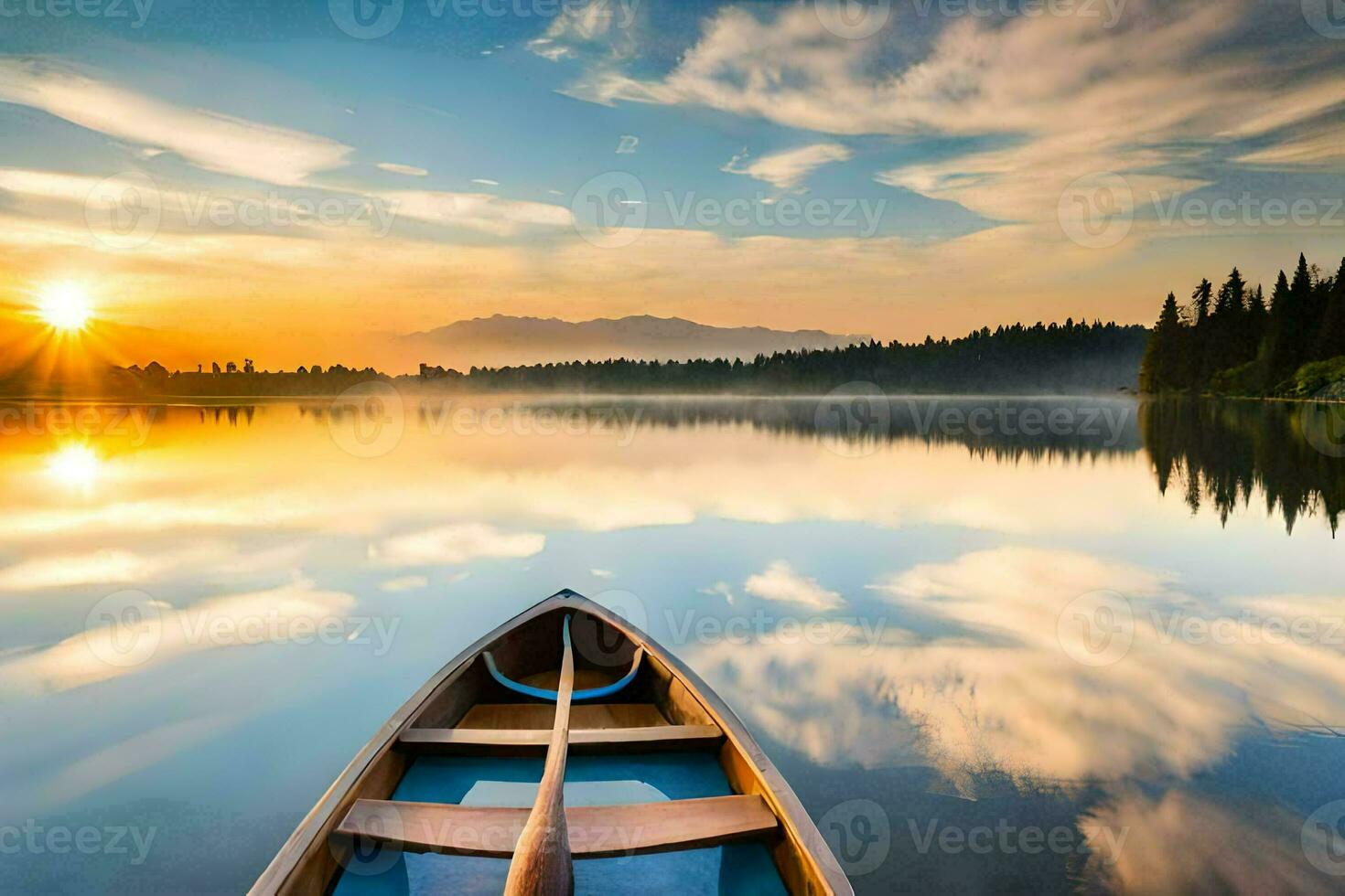 a canoe is floating on a calm lake at sunset. AI-Generated photo