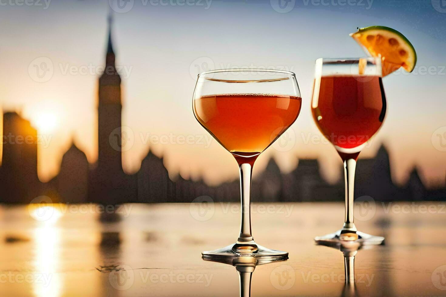 two glasses of wine with a sunset in the background. AI-Generated photo