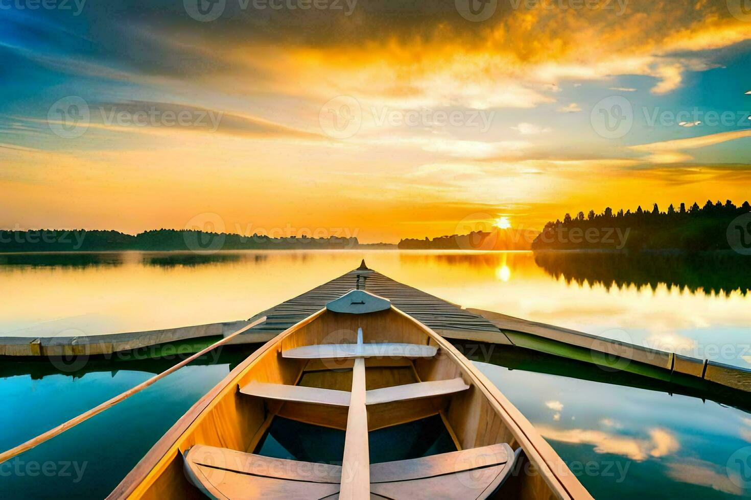 a canoe is docked on the water at sunset. AI-Generated photo