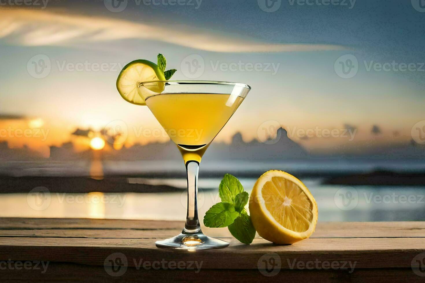 a cocktail with lemon slices and mint on a wooden table. AI-Generated photo
