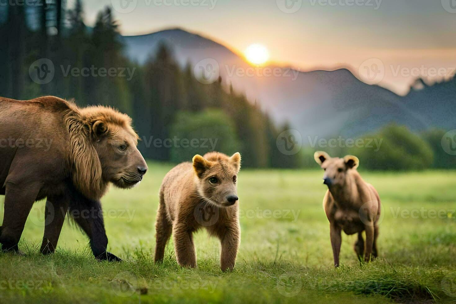 a lion and two cubs in the grass. AI-Generated photo