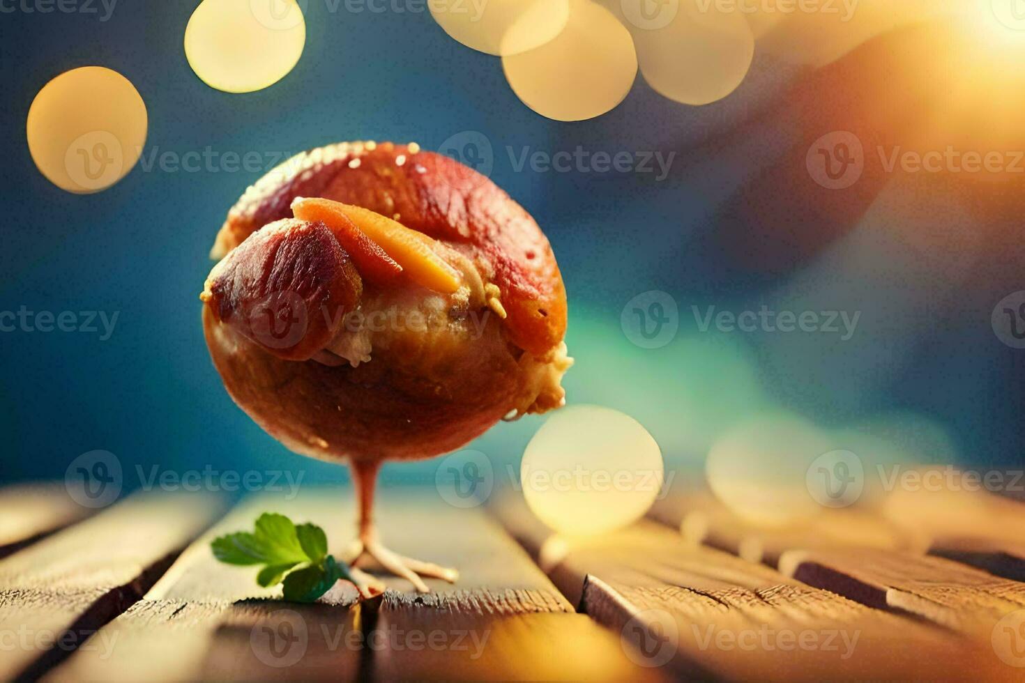 a chicken on a wooden table with a leaf. AI-Generated photo