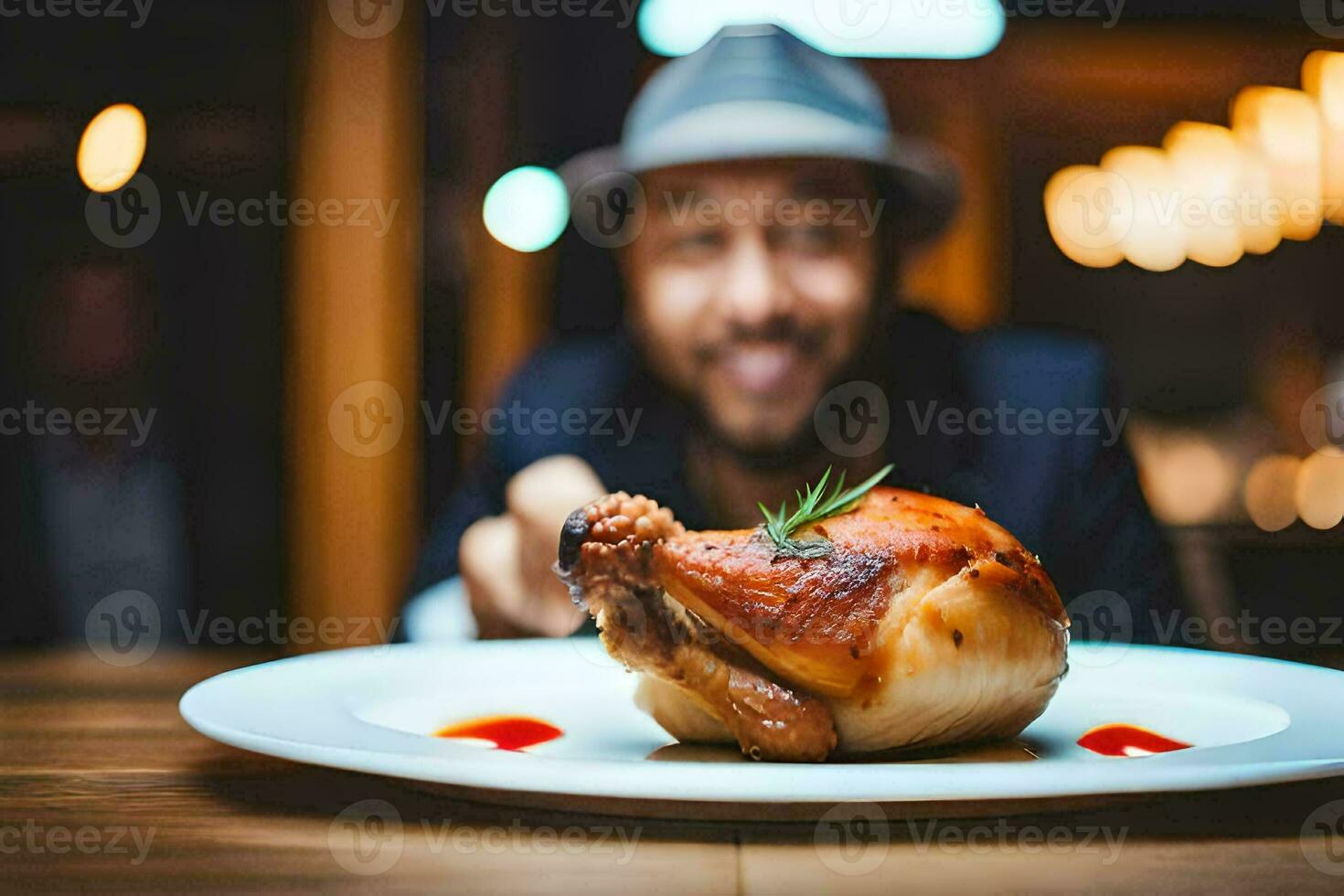 un hombre en un sombrero es participación un pollo en un lámina. generado por ai foto