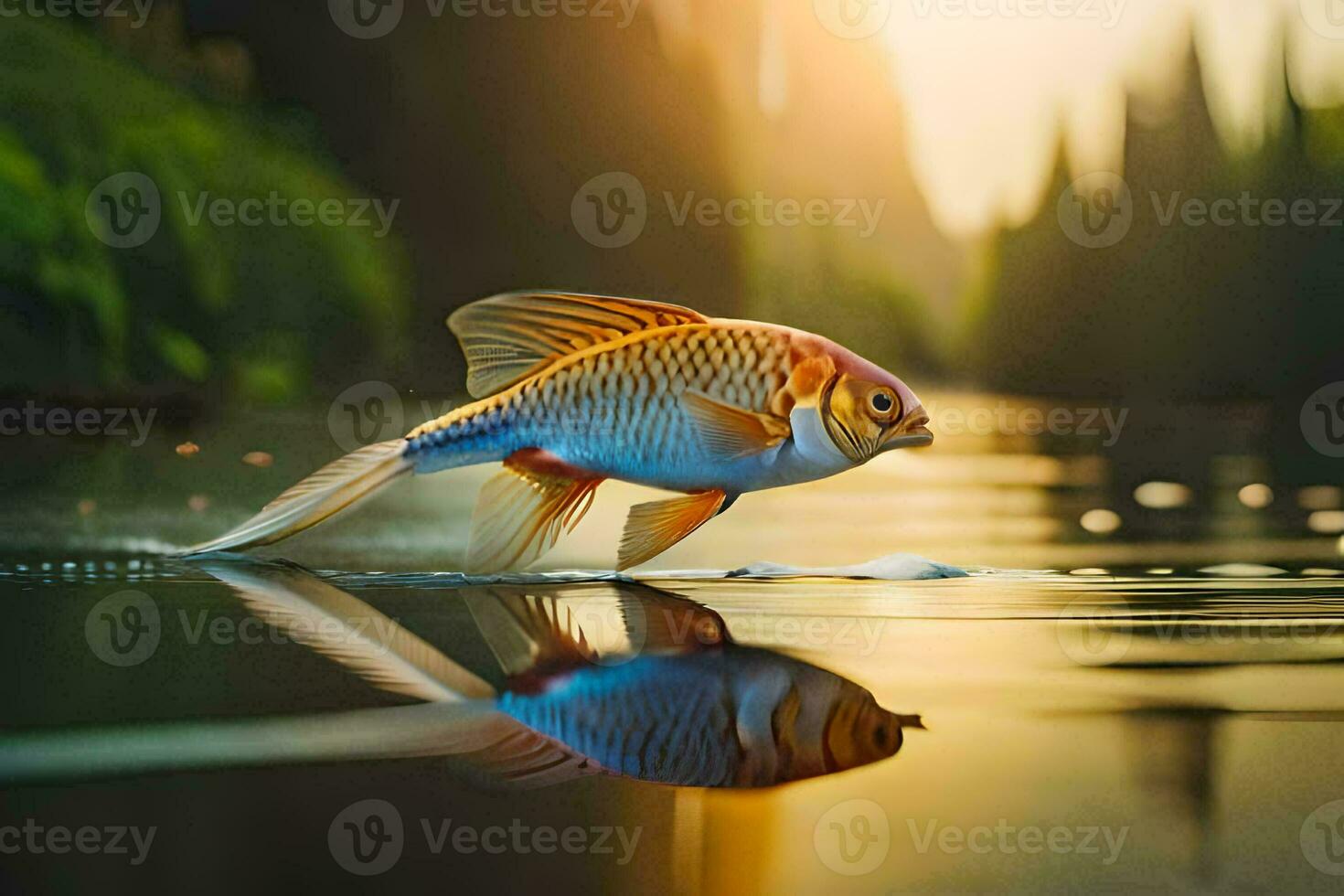 goldfish, fish, water, reflection, sunset, landscape, nature, nature photography, nature. AI-Generated photo