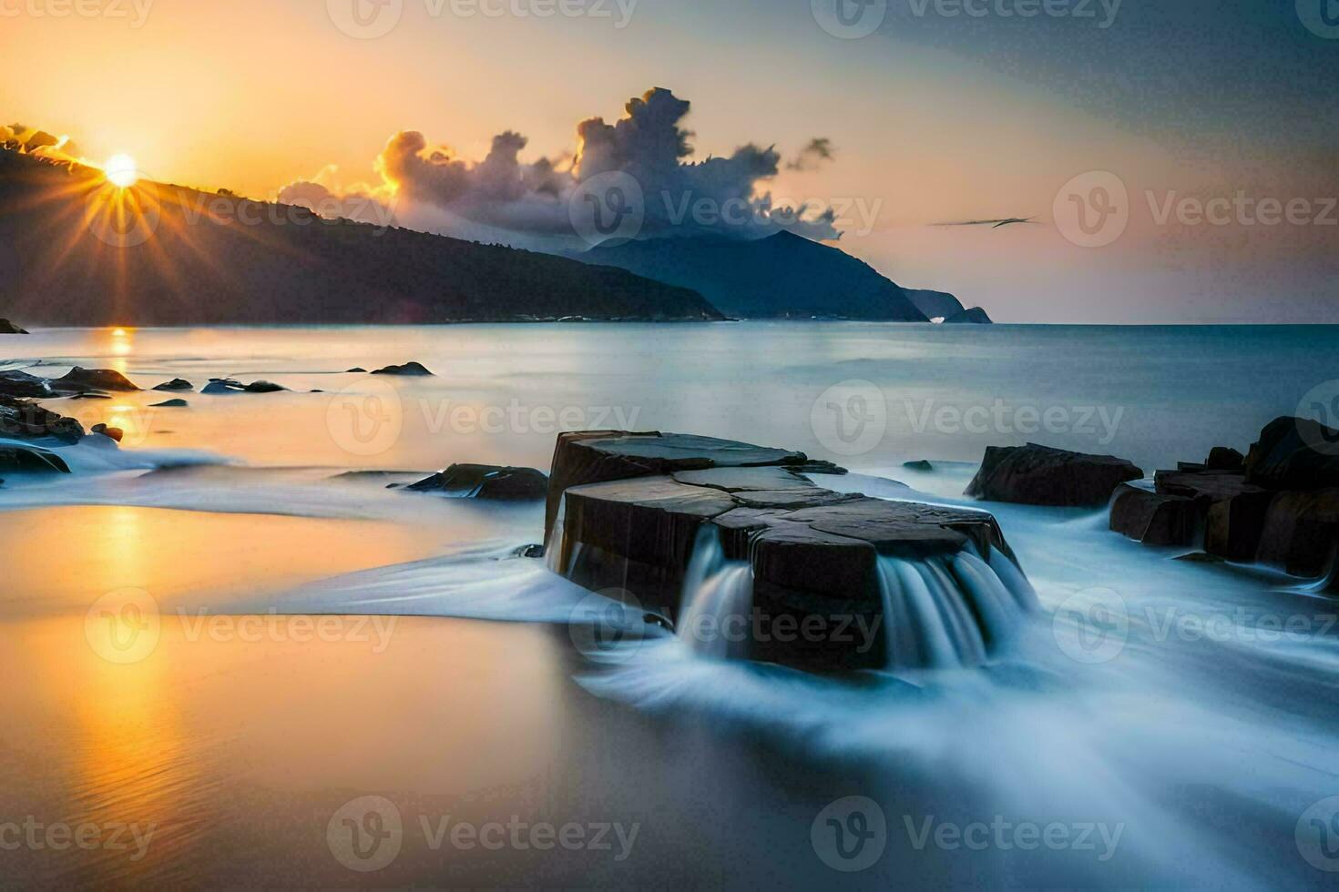 the sun sets over the ocean and rocks. AI-Generated photo