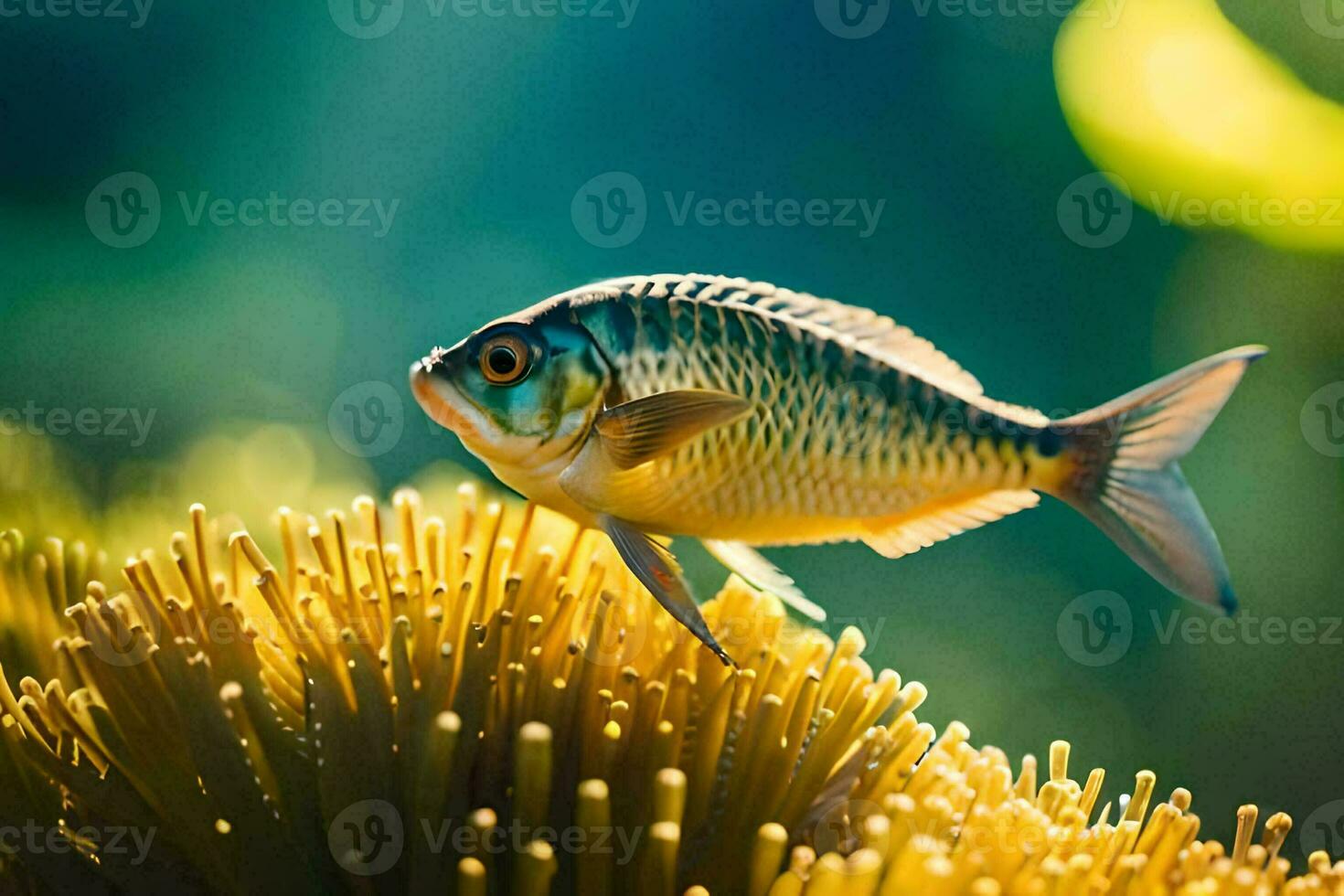 a fish is standing on top of a plant. AI-Generated photo