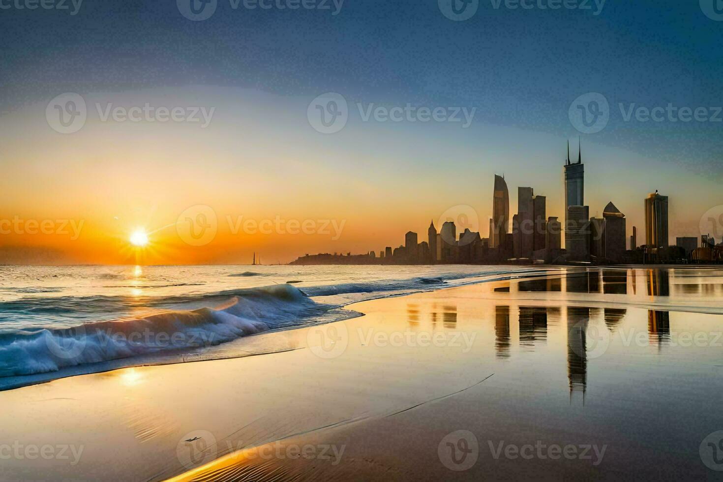 the chicago skyline is reflected in the water at sunset. AI-Generated photo