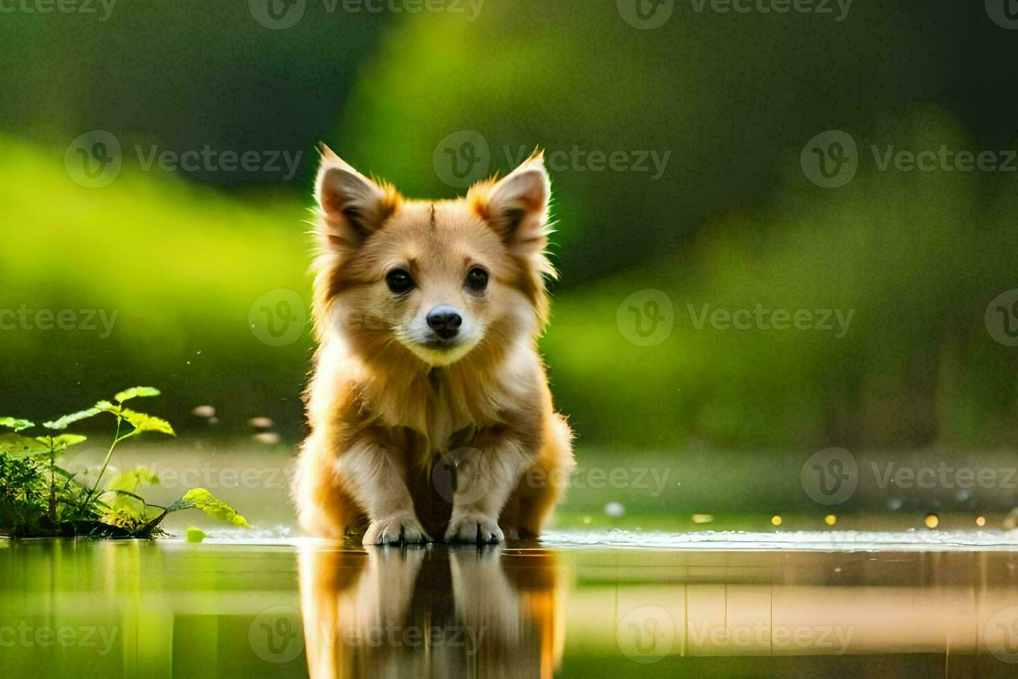 a small dog standing in the water with grass and trees in the background. AI-Generated photo