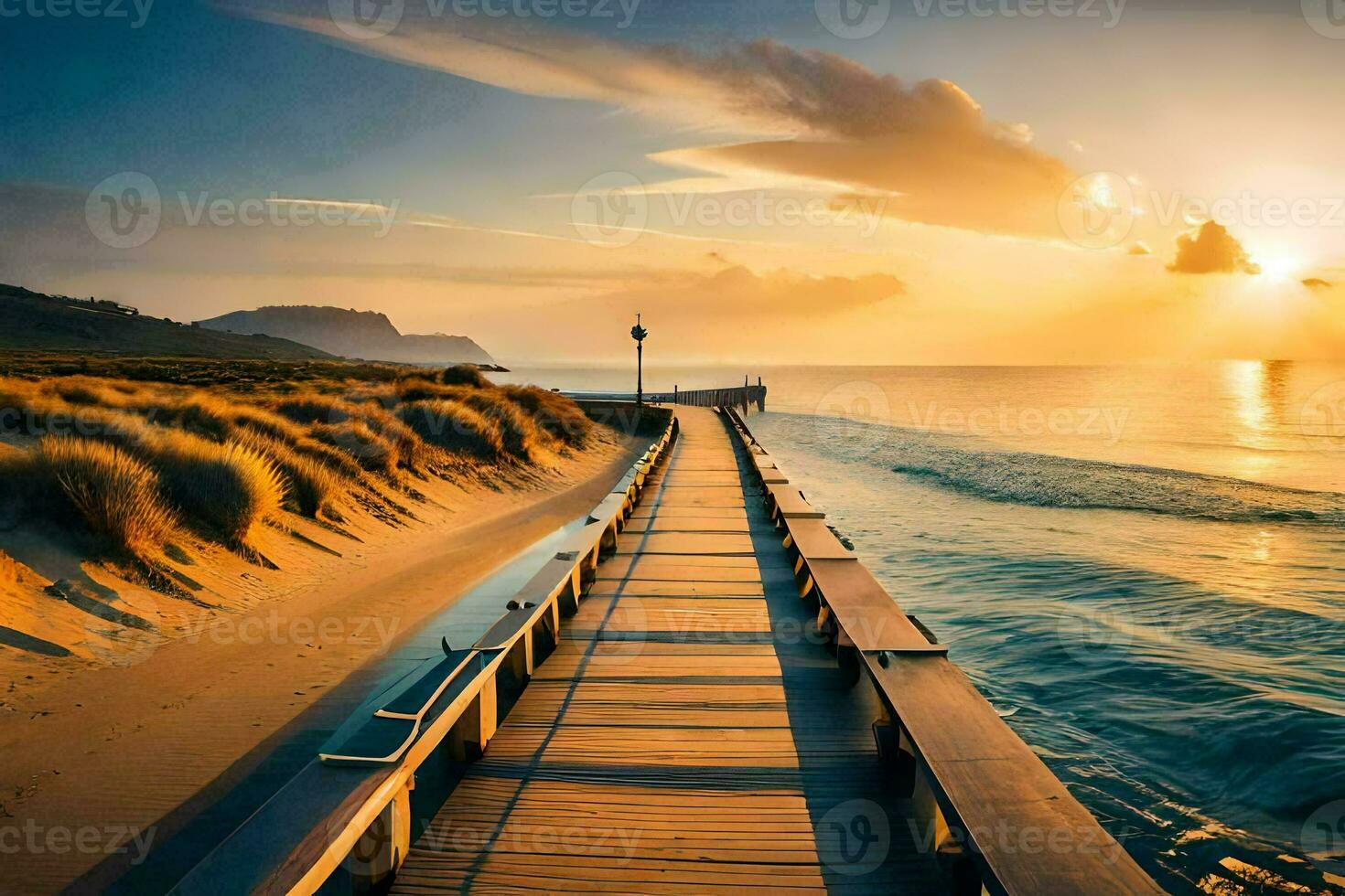 the boardwalk leads to the beach at sunset. AI-Generated photo