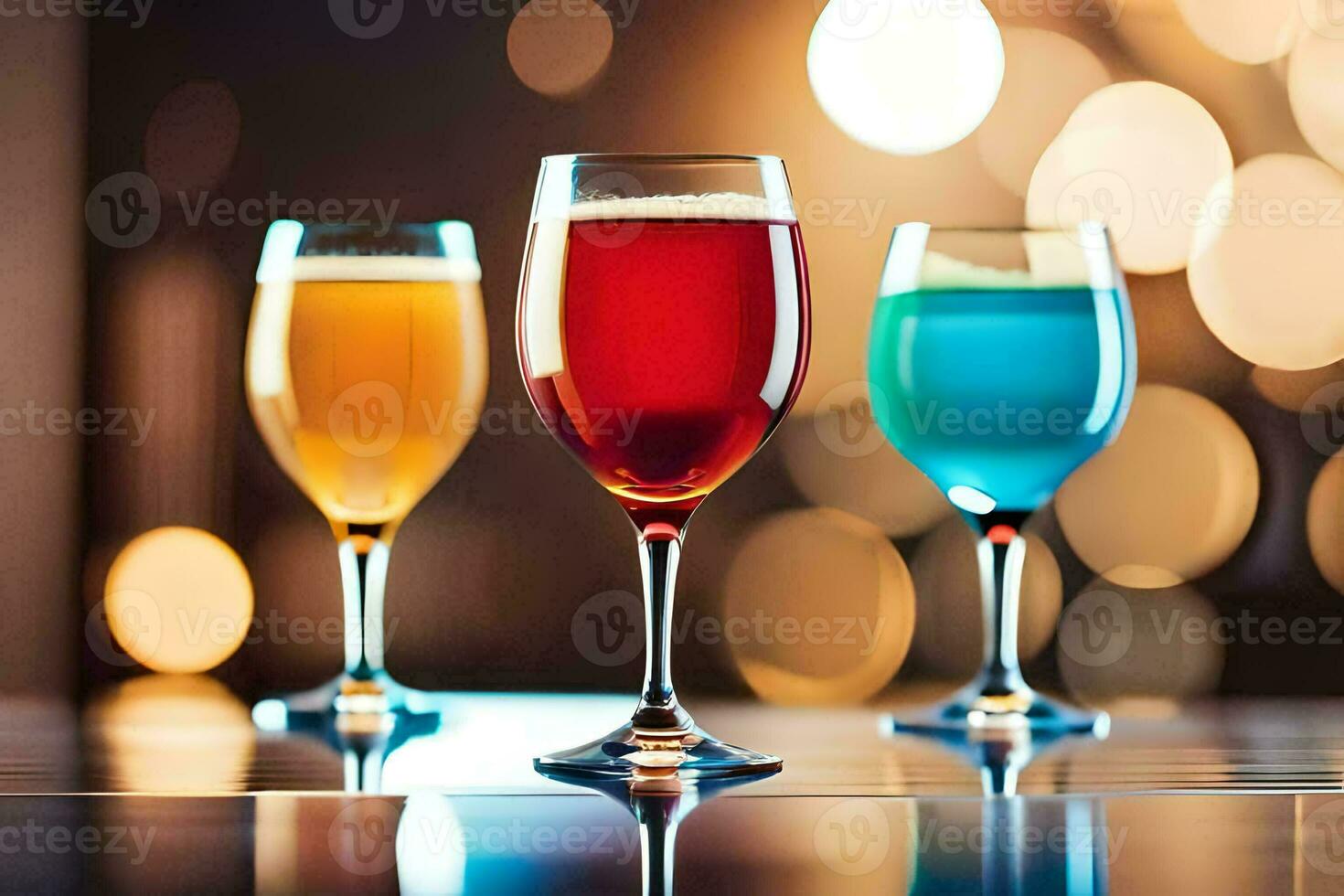 three glasses of colored drinks on a table. AI-Generated photo