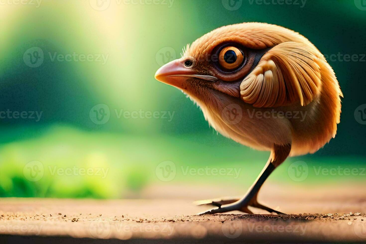 a small bird with big eyes standing on the ground. AI-Generated photo