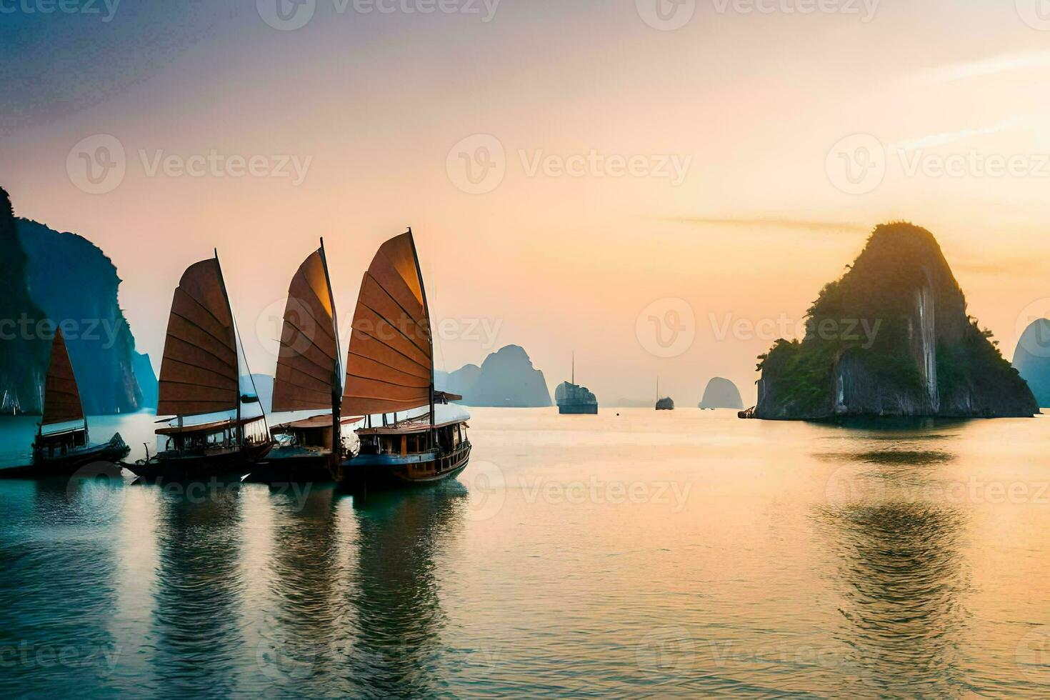 Tres barcos en el agua con montañas en el antecedentes. generado por ai foto