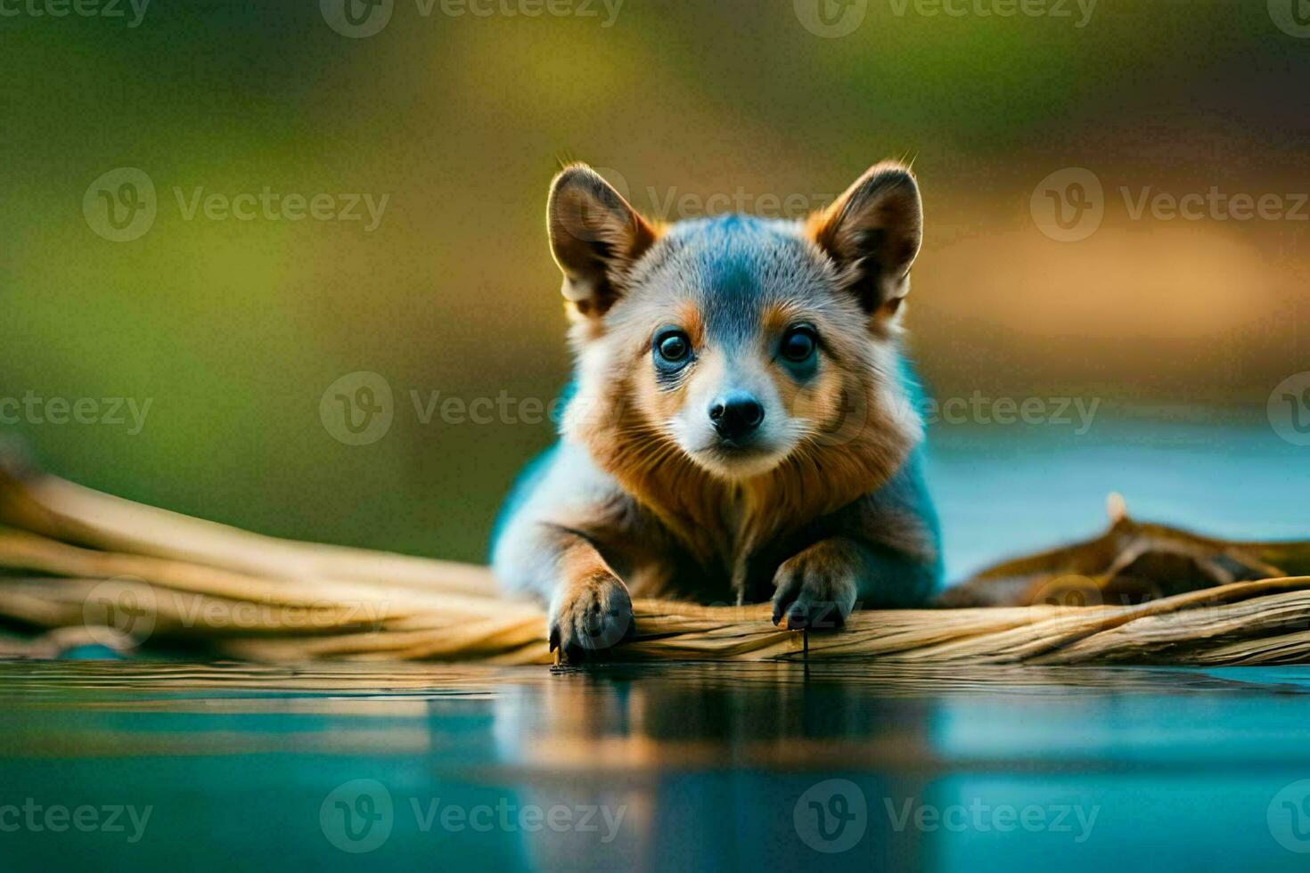 a fox sitting on a branch in the water. AI-Generated photo