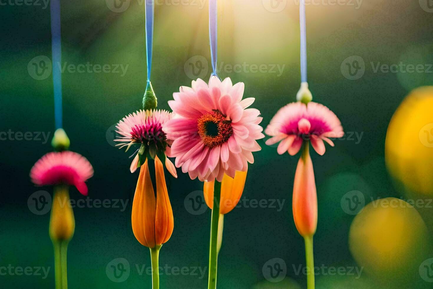 pink flowers hanging from strings in the sun. AI-Generated photo