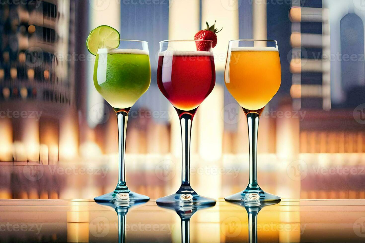 three glasses of different colored drinks on a table. AI-Generated photo