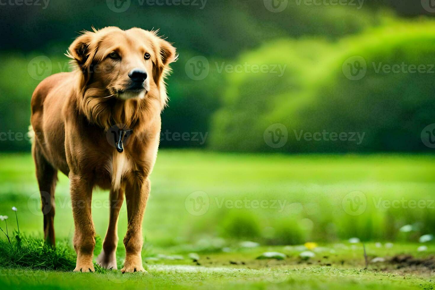 a golden retriever standing in the grass. AI-Generated photo