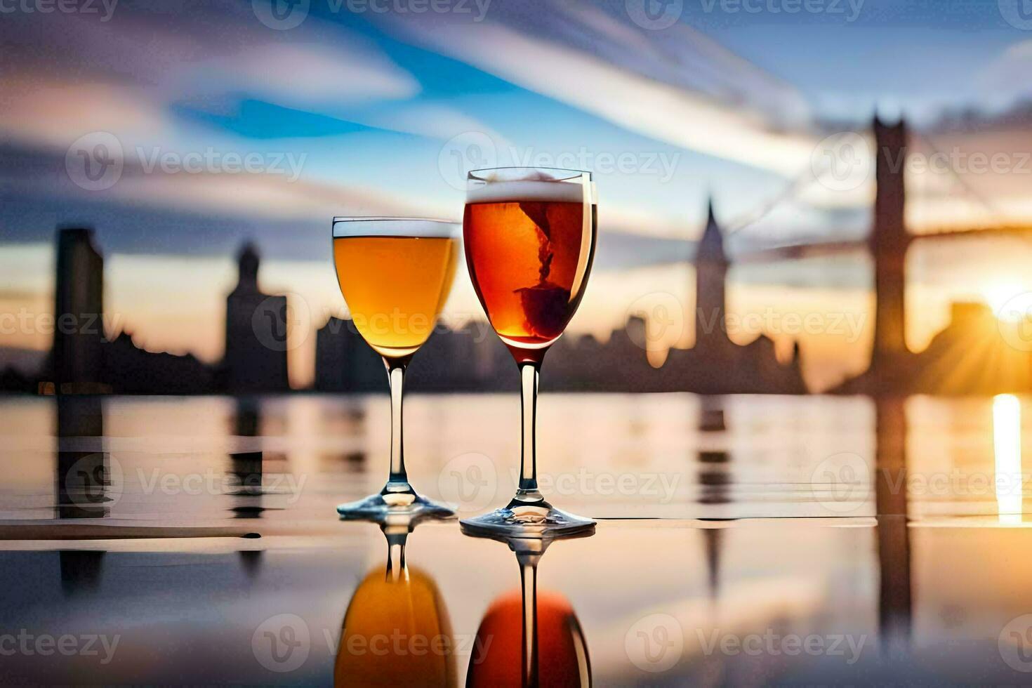 two glasses of wine with a view of the city. AI-Generated photo