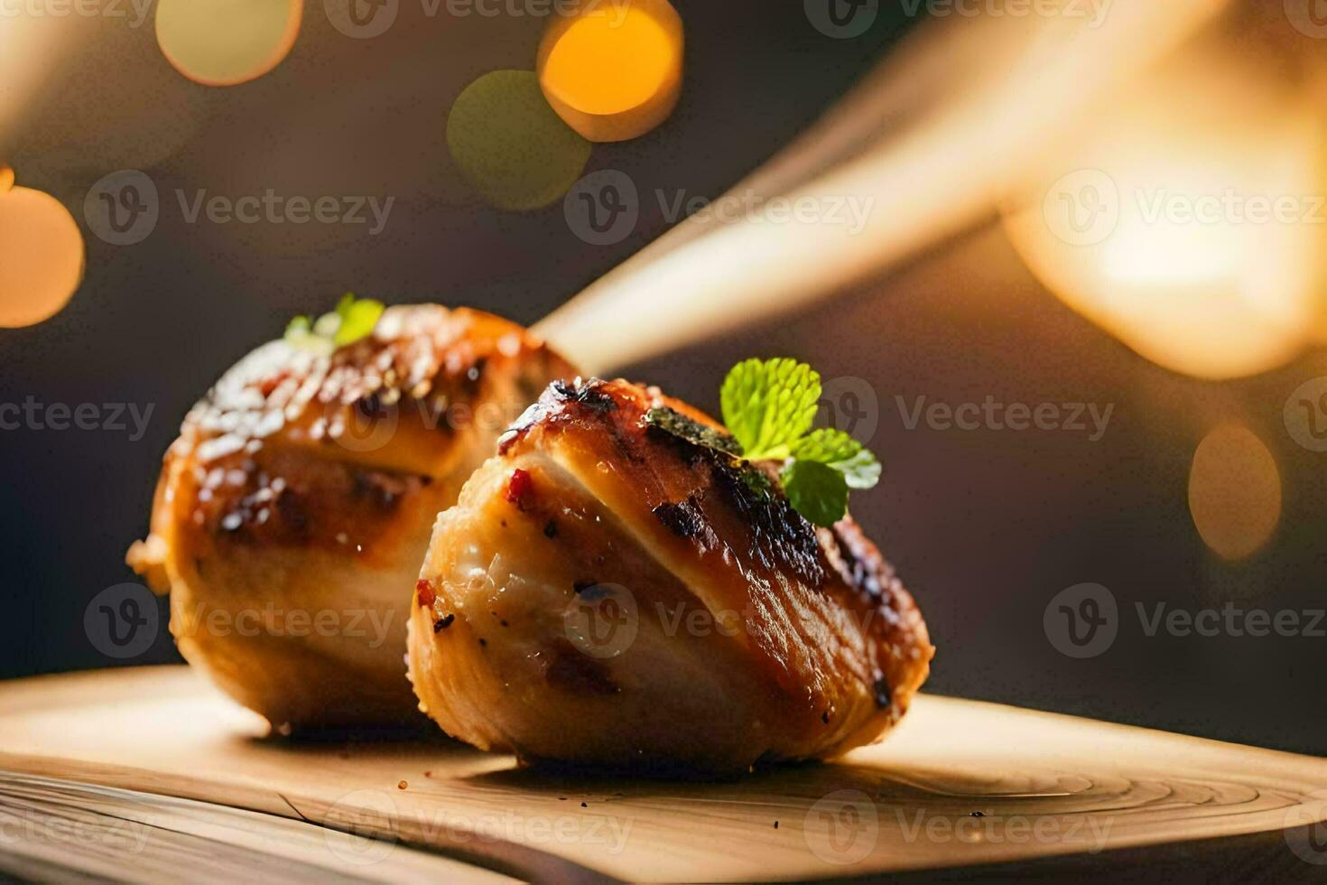 two pieces of chicken on a wooden board. AI-Generated photo