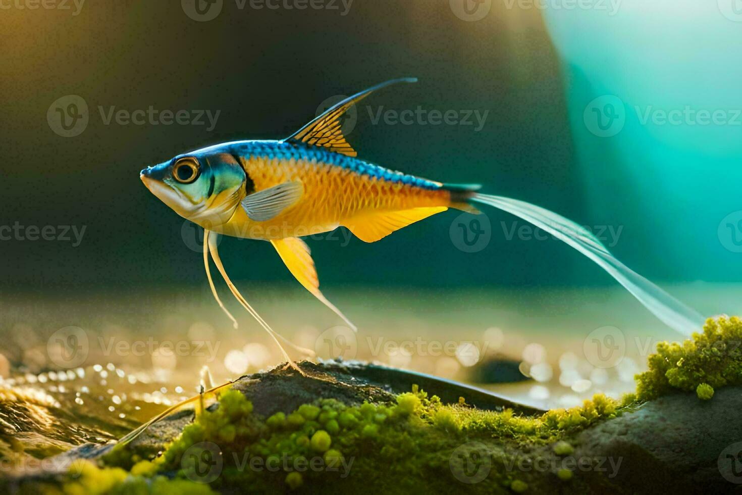 a fish with a long tail is standing on the rocks. AI-Generated photo