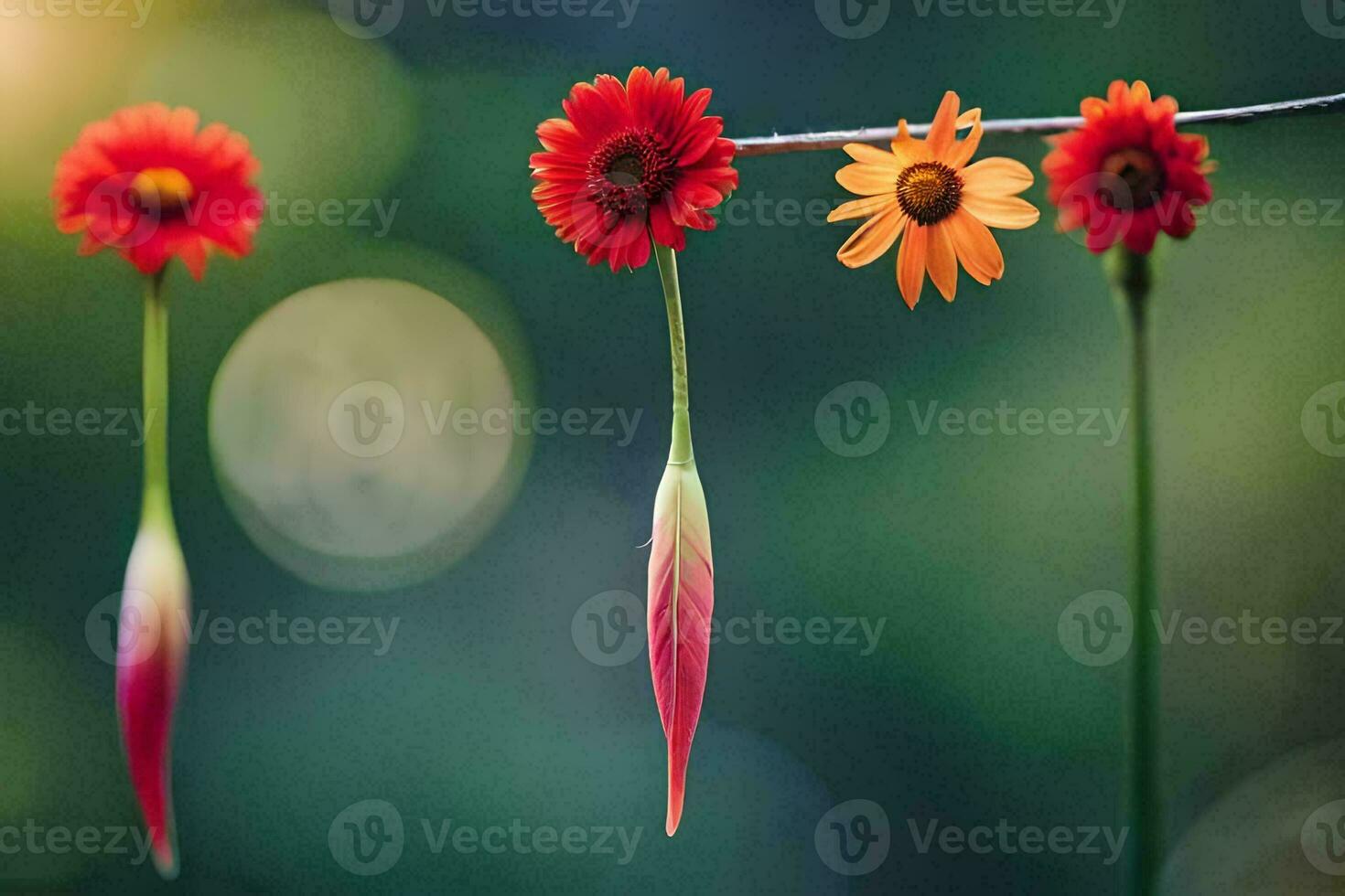 three red flowers hanging from a branch. AI-Generated photo