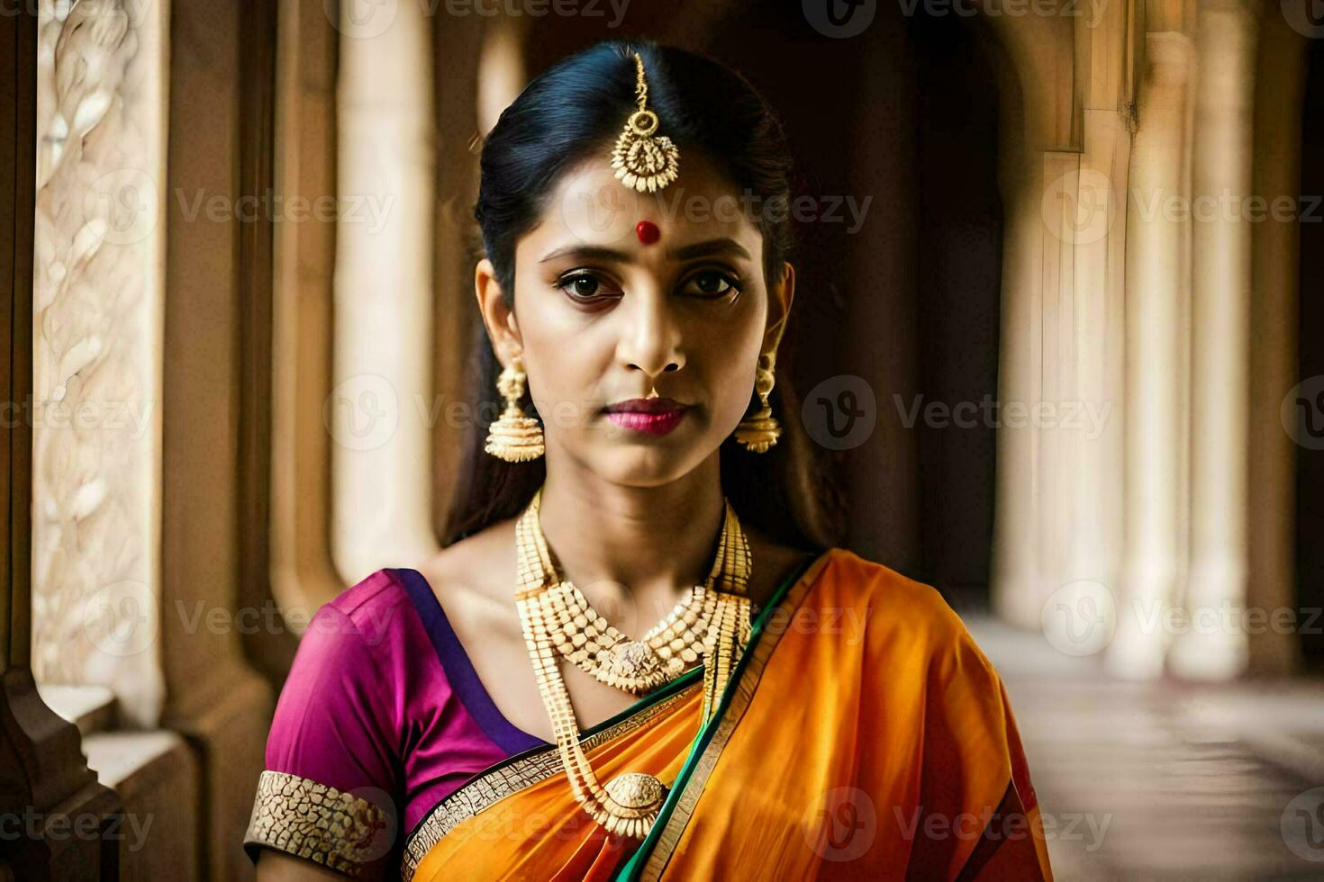 a beautiful indian woman wearing a sari and jewelry. AI-Generated photo