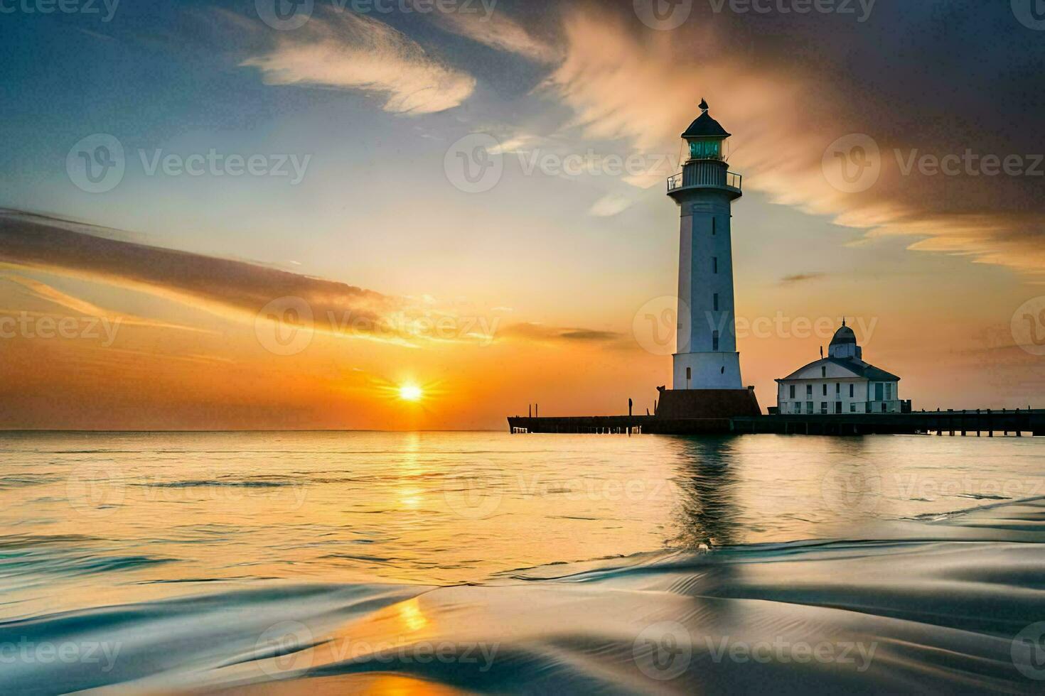 a lighthouse stands on the shore of the ocean at sunset. AI-Generated photo