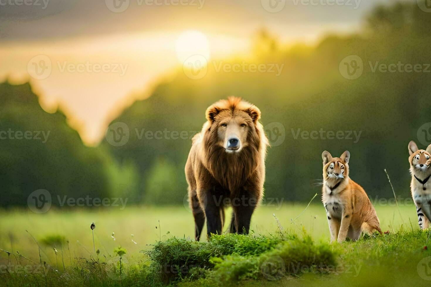 a lion, a cat and a fox are standing in the grass. AI-Generated photo