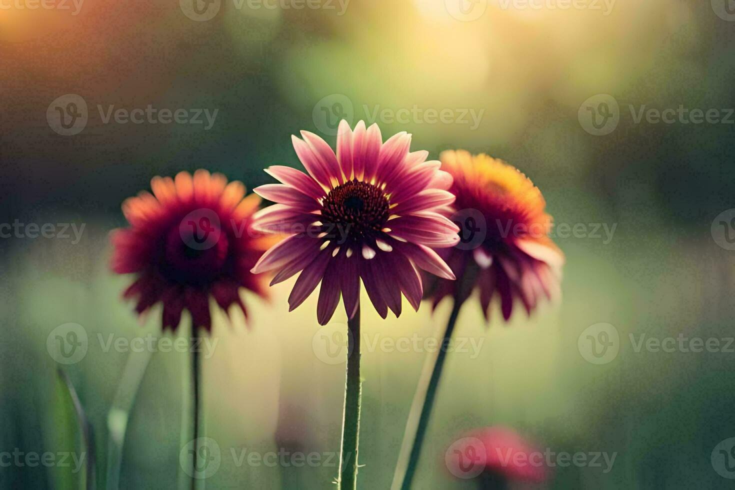 three pink flowers in a field with sunlight. AI-Generated photo