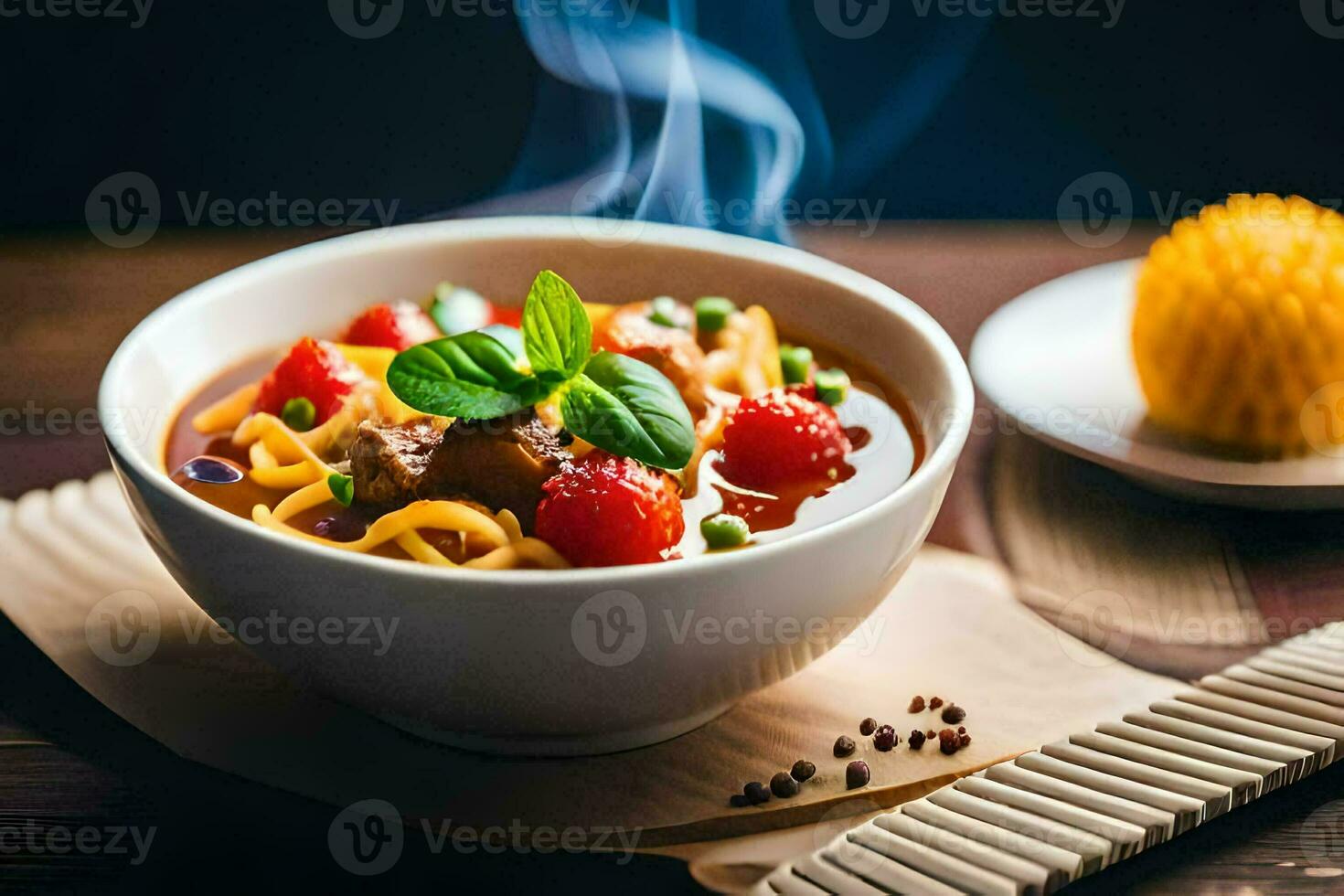 a bowl of noodles with meat and vegetables on a wooden table. AI-Generated photo