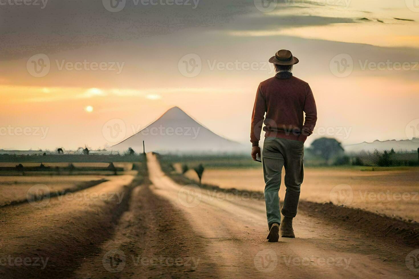 a man walking on a dirt road in front of a mountain. AI-Generated photo