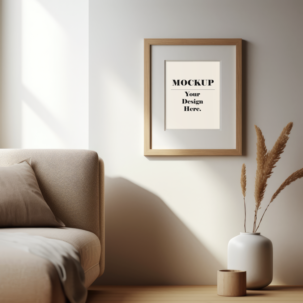 PSD interior poster frame mockup with modern furniture decoration