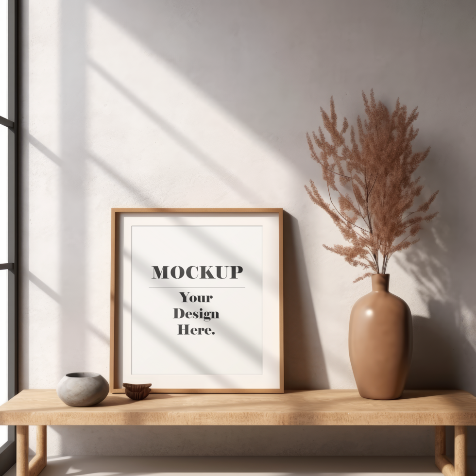 PSD interior poster frame mockup with modern furniture decoration