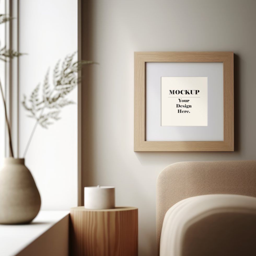PSD interior poster frame mockup with modern furniture decoration