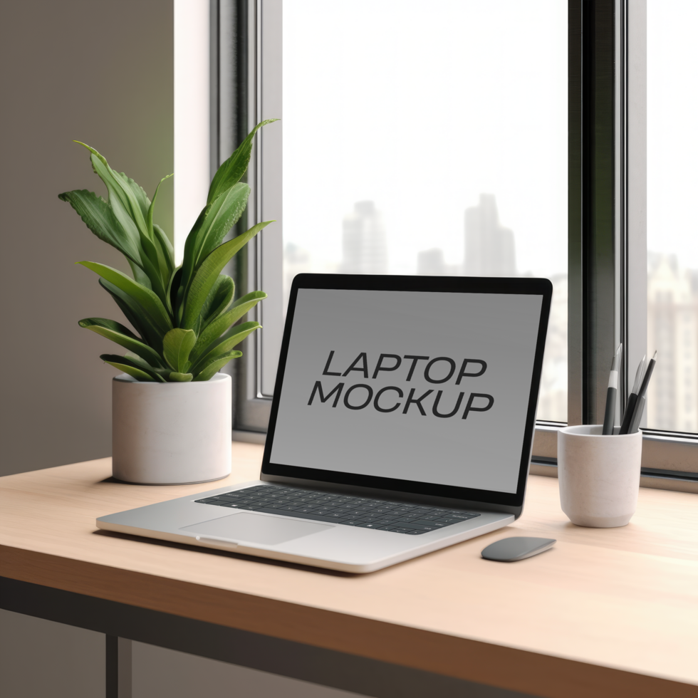 Laptop Screen Mockup On A Desk PSD Template
