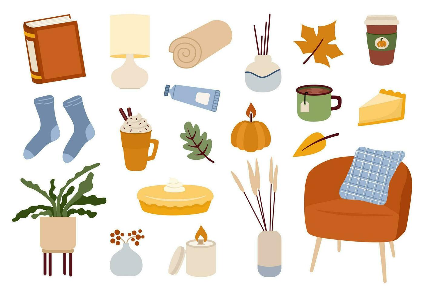 Autumn mood design element set. Hyugge, cozy cute seasonal decor in flat style. vector