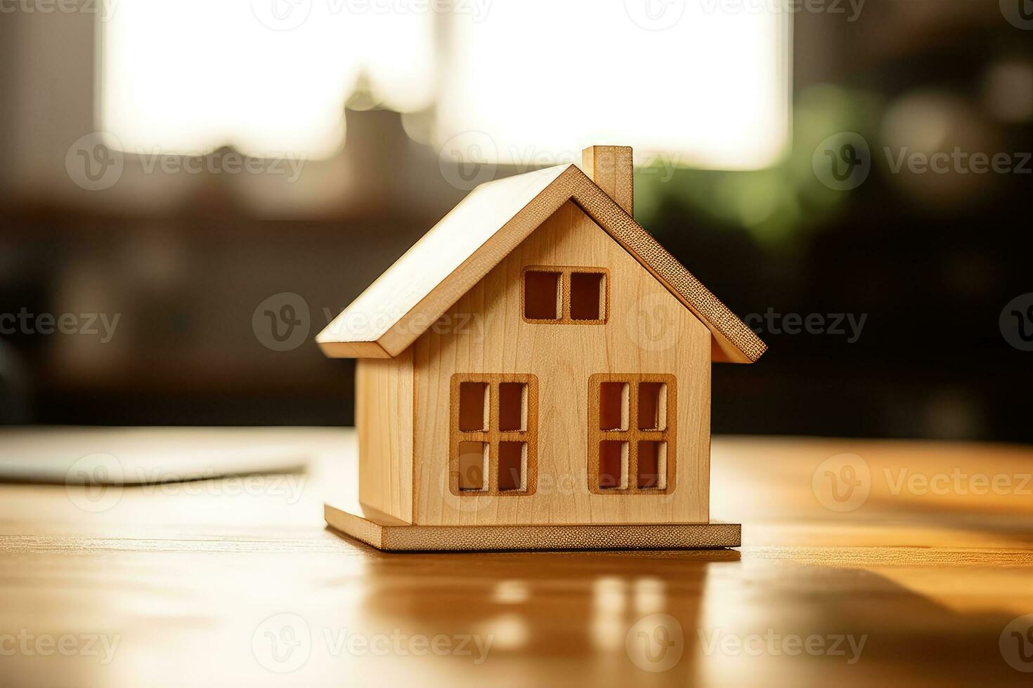 un de madera casa en mesa, real inmuebles concepto foto