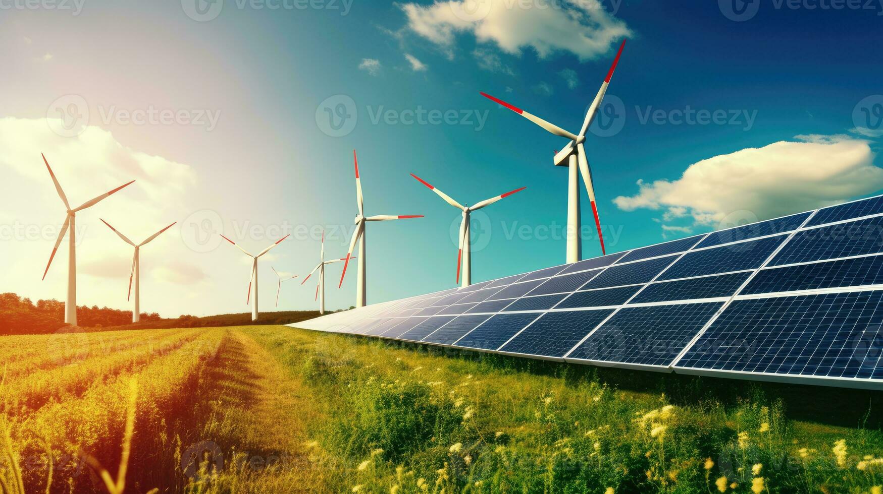 Solar panels and wind turbines in a field. Alternative energy sources. photo