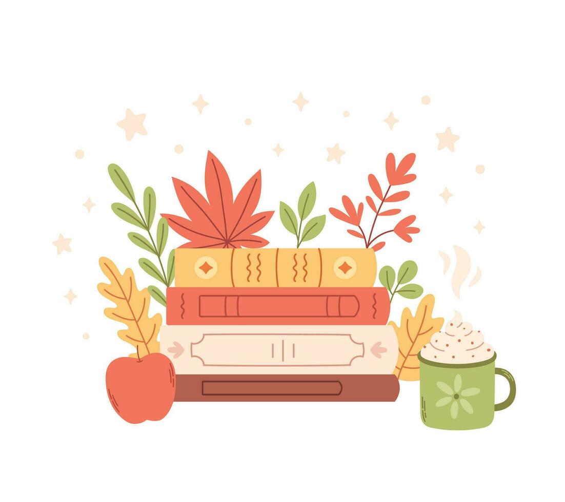 Stack of books with autumn leaves, coffee cup, apple. Literature. World book day. vector